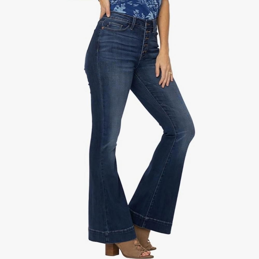 NWOT Judy Blue | Trouser Flare Button Fly Dark Denim Jeans, Womens 13/31 - Picture 2 of 9